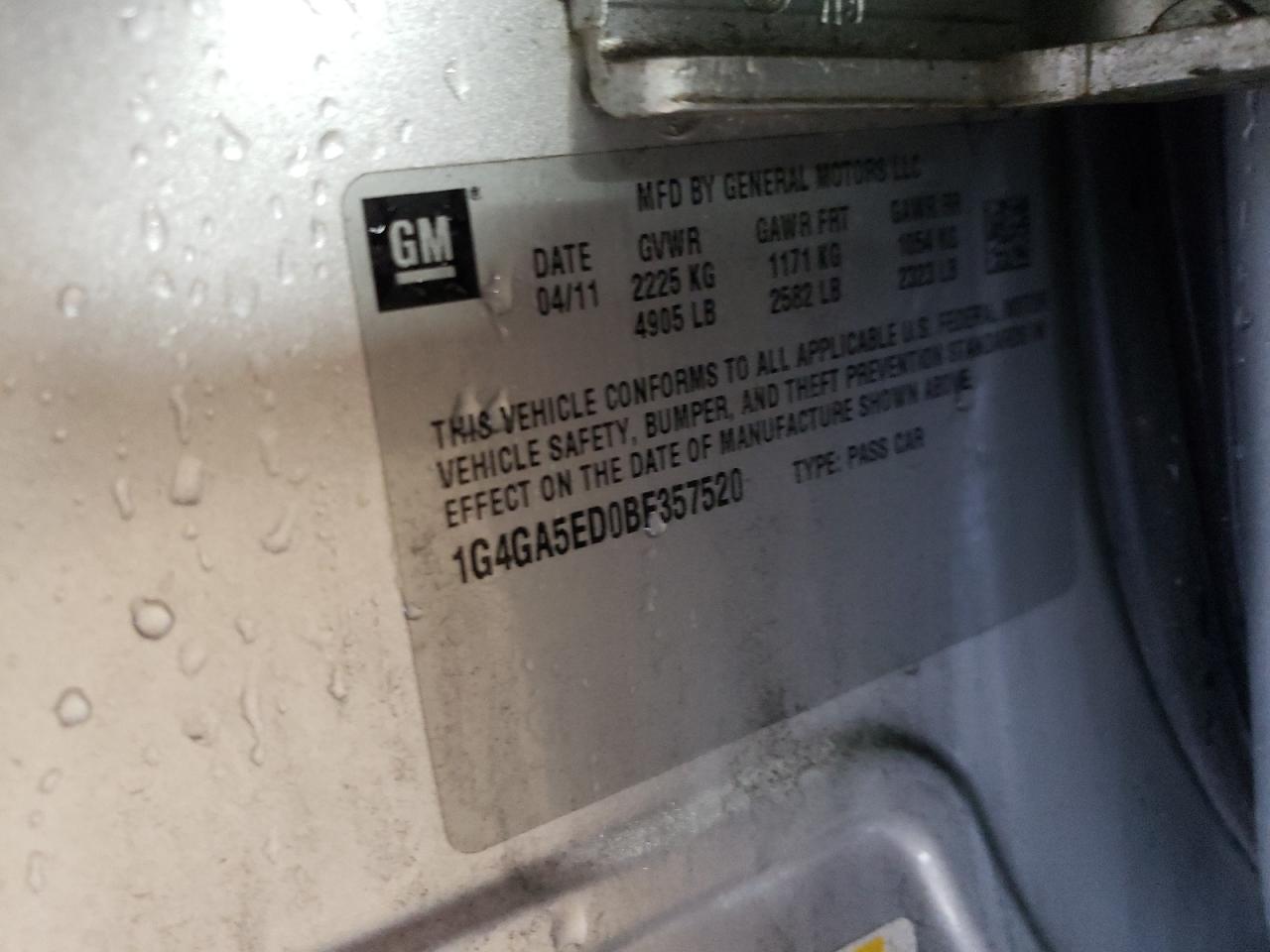2011 Buick LaCrosse VIN 1G4GA5ED0BF357520 Copart auction photo, front end damage thumbnail 13