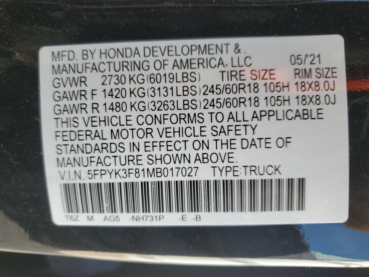 2021 Honda Ridgeline VIN 5FPYK3F81MB017027 Copart auction photo, side / minor dent/scratches damage thumbnail 12