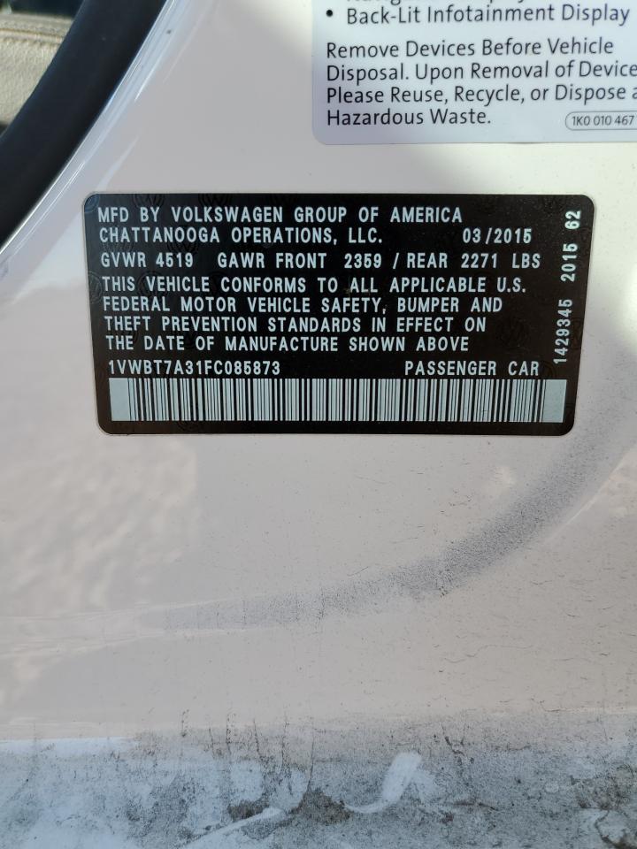 2015 Volkswagen Passat VIN 1VWBT7A31FC085873 Copart auction photo, rear end damage thumbnail 14