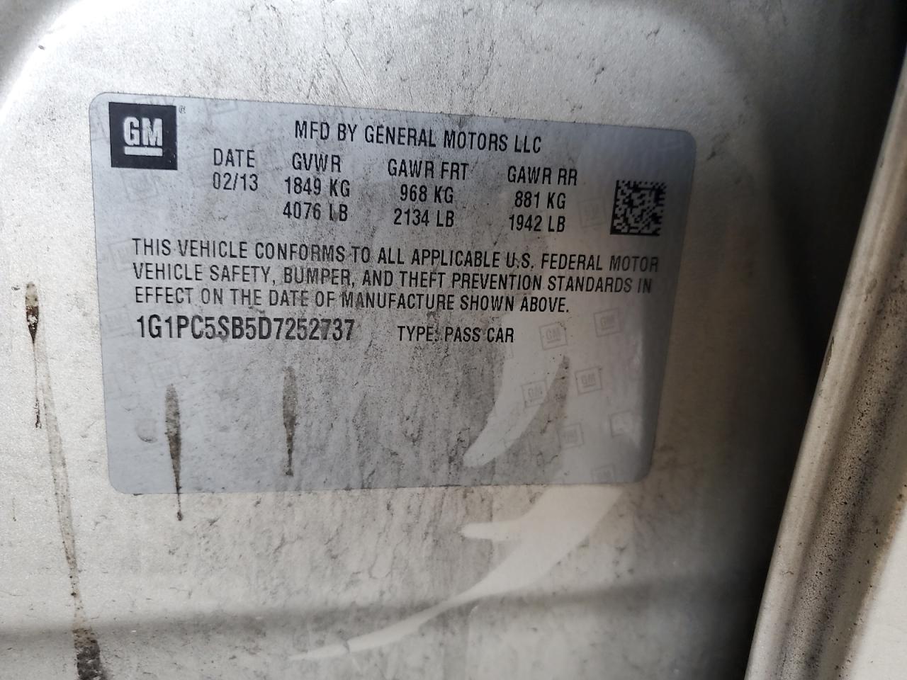 2013 Chevrolet Cruze VIN 1G1PC5SB5D7252737 Copart auction photo, side damage thumbnail 12