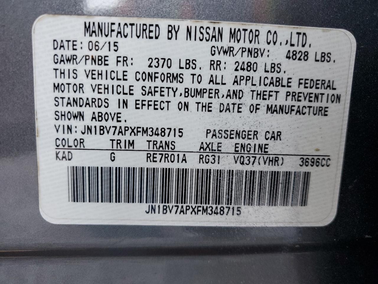 2015 Infiniti Q50 VIN JN1BV7APXFM348715 Copart auction photo, front end damage thumbnail 14