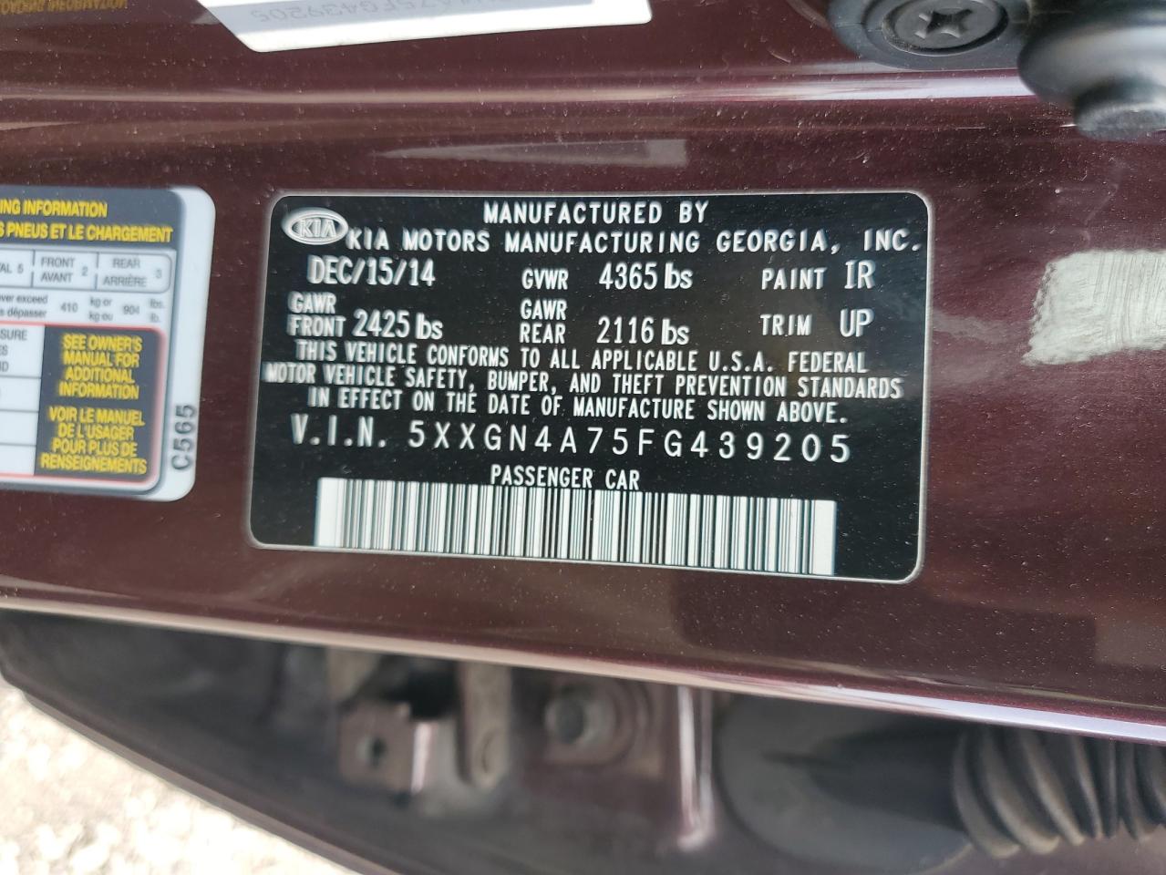 2015 KIA Optima VIN 5XXGN4A75FG439205 Copart auction photo, side / front end damage thumbnail 14