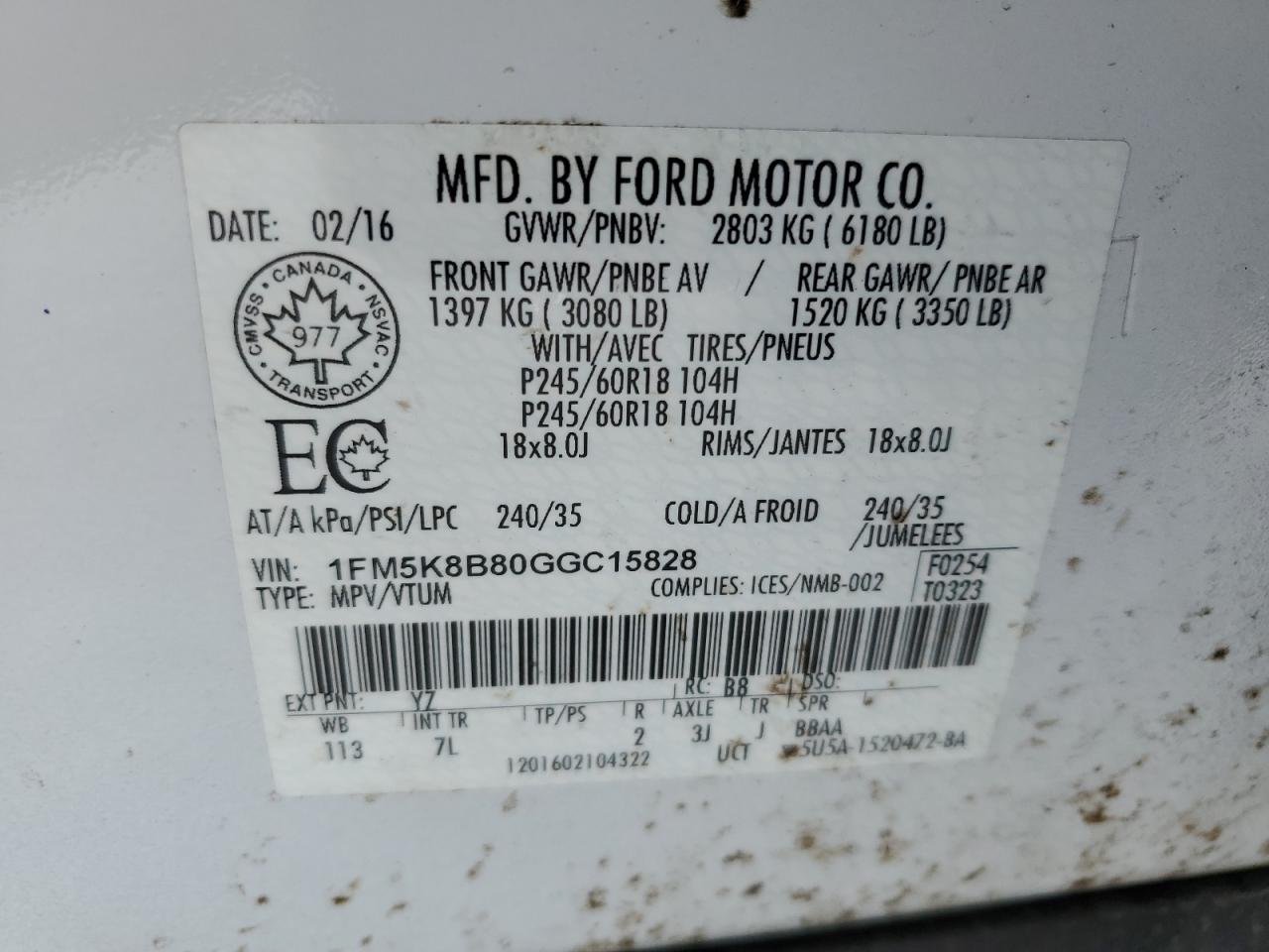 2016 Ford Explorer VIN 1FM5K8B80GGC15828 Copart auction photo, vandalism damage thumbnail 12