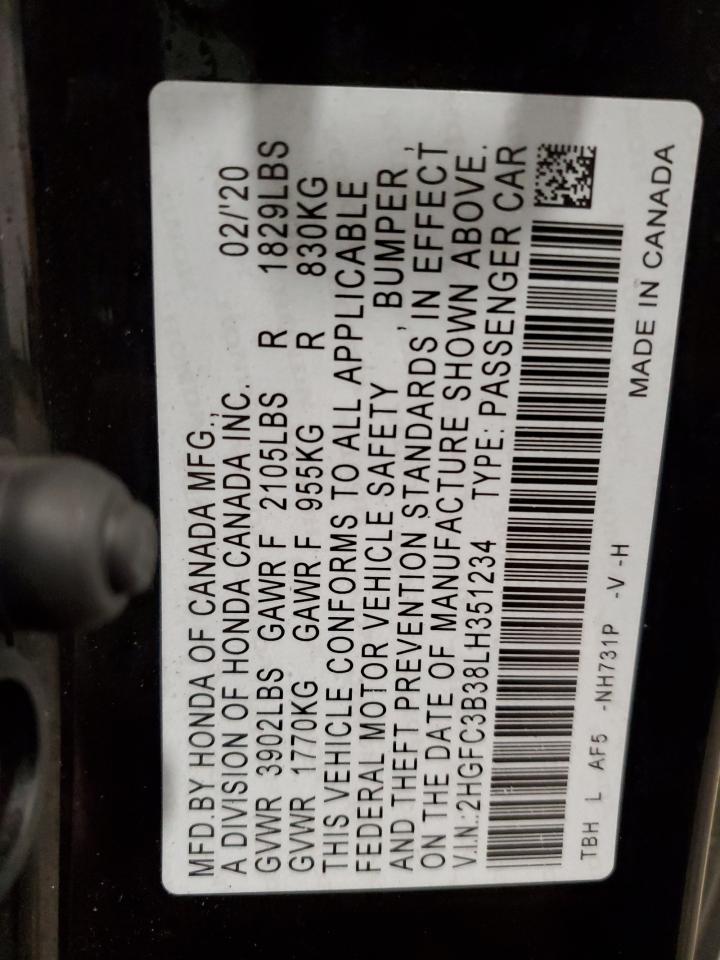 2020 Honda Civic VIN 2HGFC3B38LH351234 Copart auction photo, front end damage thumbnail 12