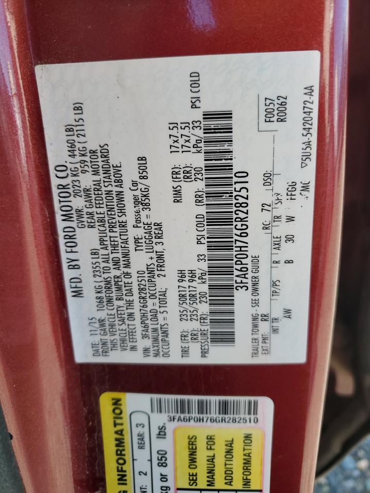 2016 Ford Fusion VIN 3FA6P0H76GR282510 Copart auction photo, rear end damage thumbnail 12