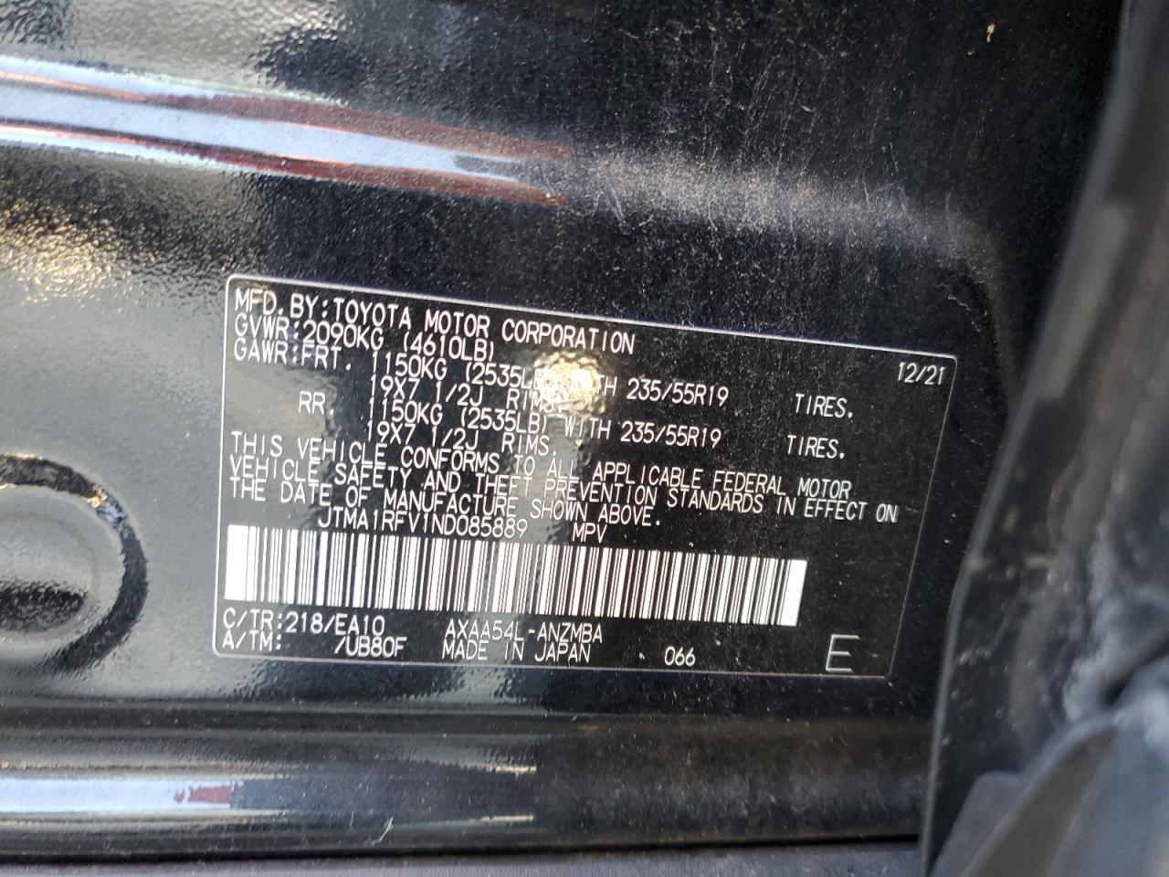 2022 Toyota RAV 4 VIN JTMA1RFV1ND085889 Copart auction photo, rollover damage thumbnail 12