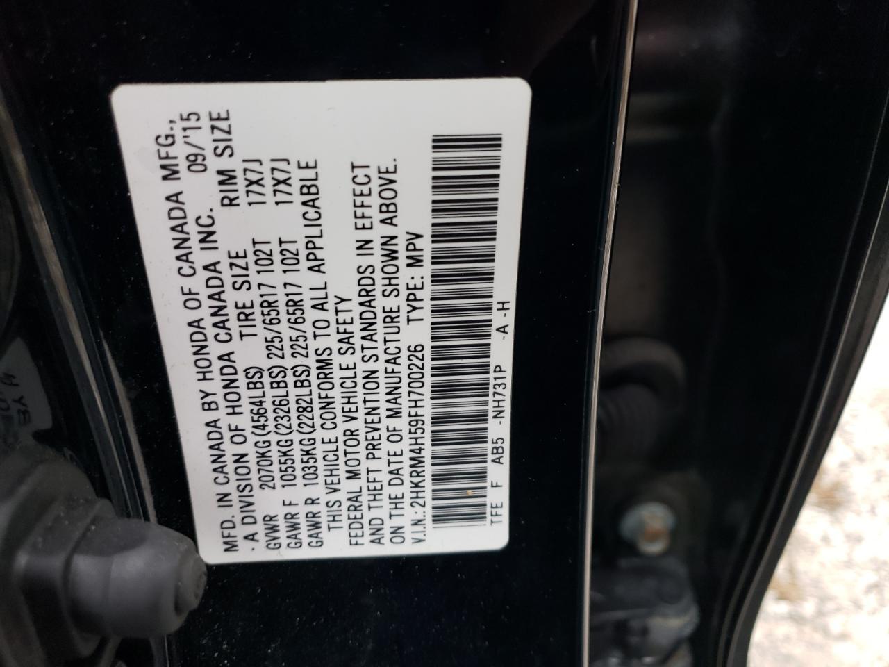 2015 Honda CR-V VIN 2HKRM4H59FH700226 Copart auction photo, all over / minor dent/scratches damage thumbnail 13
