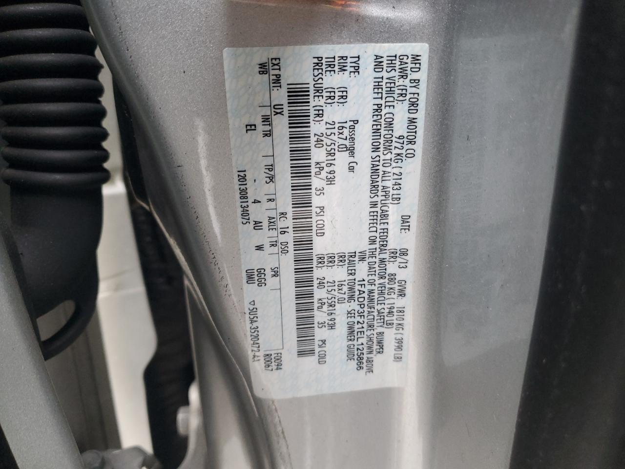 2014 Ford Focus VIN 1FADP3F21EL125866 Copart auction photo, rear end damage thumbnail 12