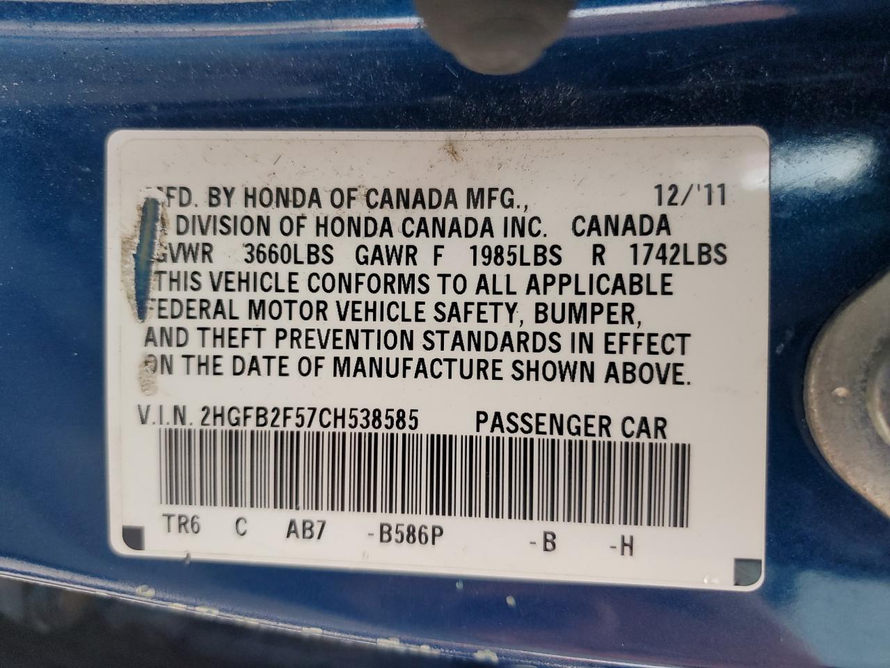 2012 Honda Civic VIN 2HGFB2F57CH538585 Copart auction photo, side / rear end damage thumbnail 12