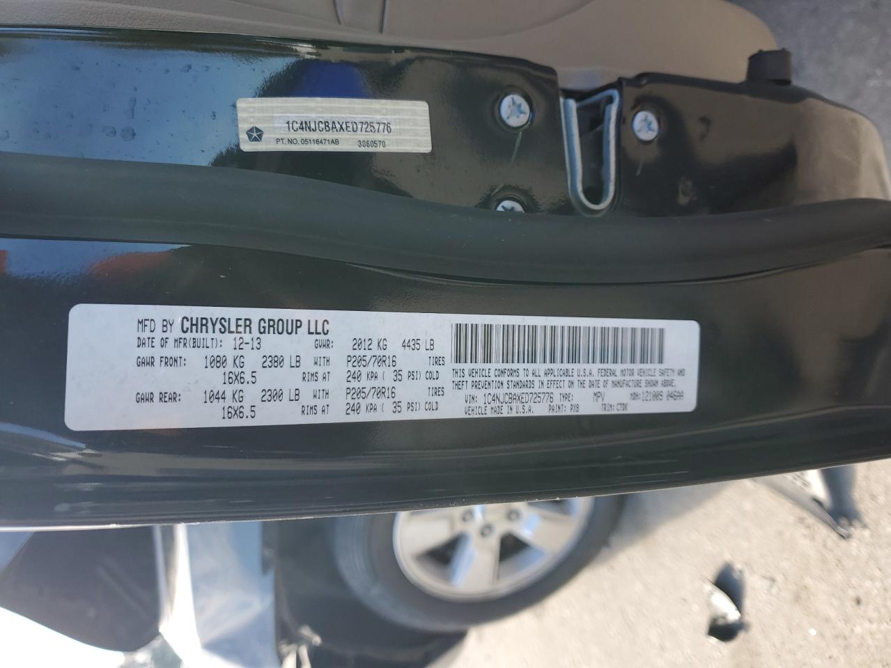 2014 Jeep Compass VIN 1C4NJCBAXED725776 Copart auction photo, front end damage thumbnail 13