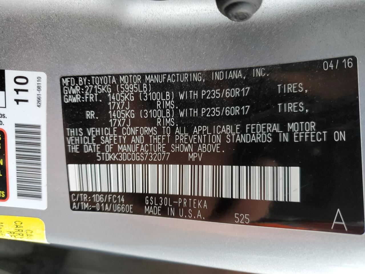 2016 Toyota Sienna VIN 5TDKK3DC0GS732077 Copart auction photo, rear end damage thumbnail 15