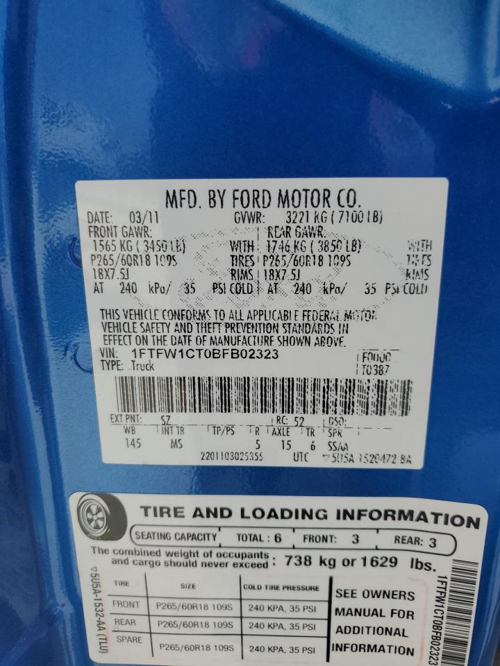 2011 Ford F-150 VIN 1FTFW1CT0BFB02323 Copart auction photo, front end / minor dent/scratches damage thumbnail 12