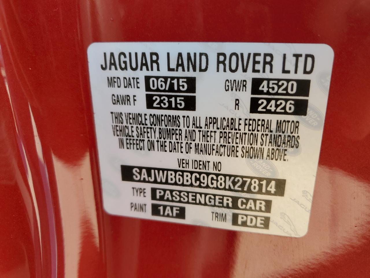 2016 Jaguar F-Type VIN SAJWB6BC9G8K27814 Copart auction photo, front end damage thumbnail 12