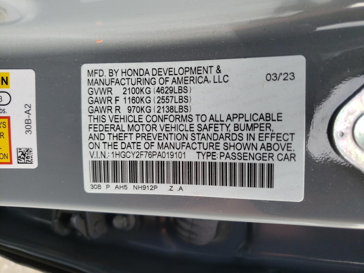 2023 Honda Accord VIN 1HGCY2F76PA019101 Copart auction photo, front end damage thumbnail 13