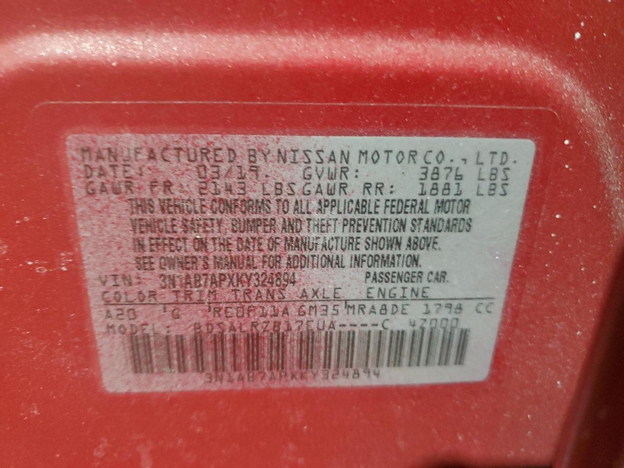 2019 Nissan Sentra VIN 3N1AB7APXKY324894 Copart auction photo, front end / rear end damage thumbnail 12