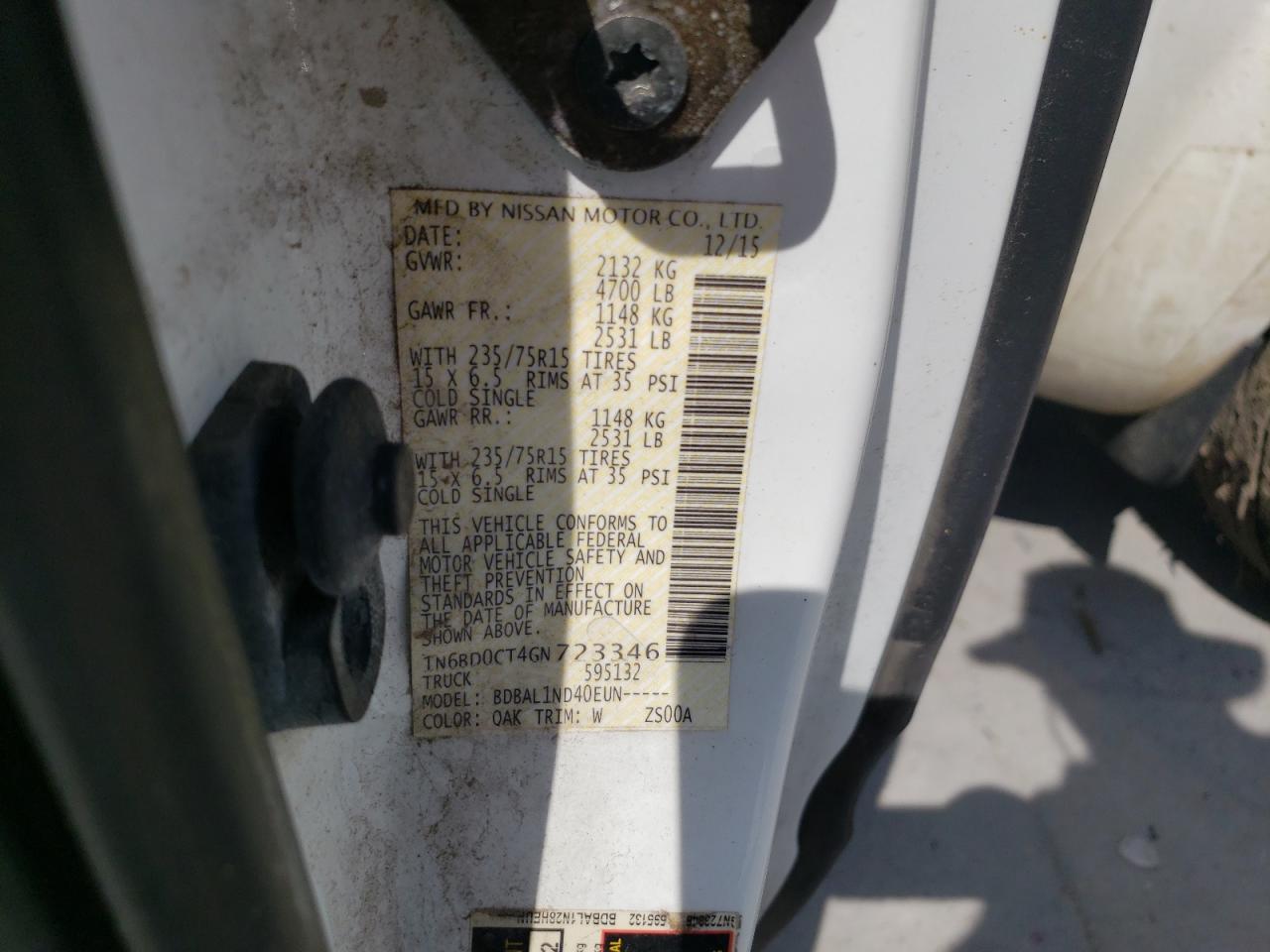 2016 Nissan Navara (Frontier) VIN 1N6BD0CT4GN723346 Copart auction photo, front end damage thumbnail 14