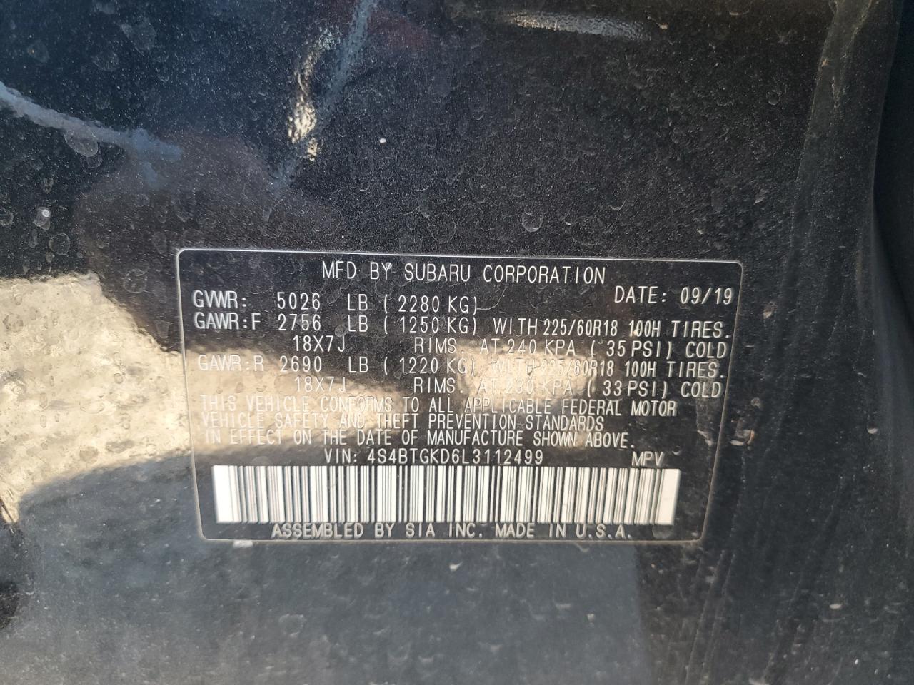 2020 Subaru Outback VIN 4S4BTGKD6L3112499 Copart auction photo, side / front end damage thumbnail 13
