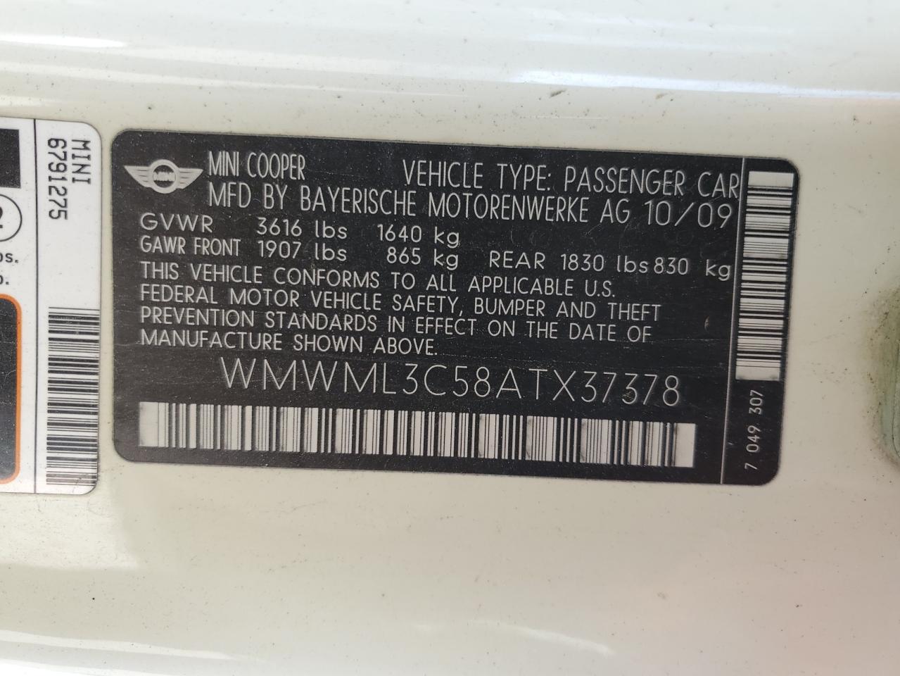 2010 MINI Cooper VIN WMWML3C58ATX37378 Copart auction photo, front end damage thumbnail 12