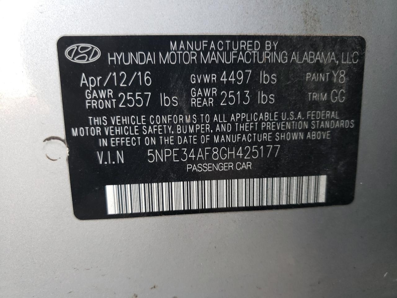 2016 Hyundai Sonata VIN 5NPE34AF8GH425177 Copart auction photo, front end damage thumbnail 13