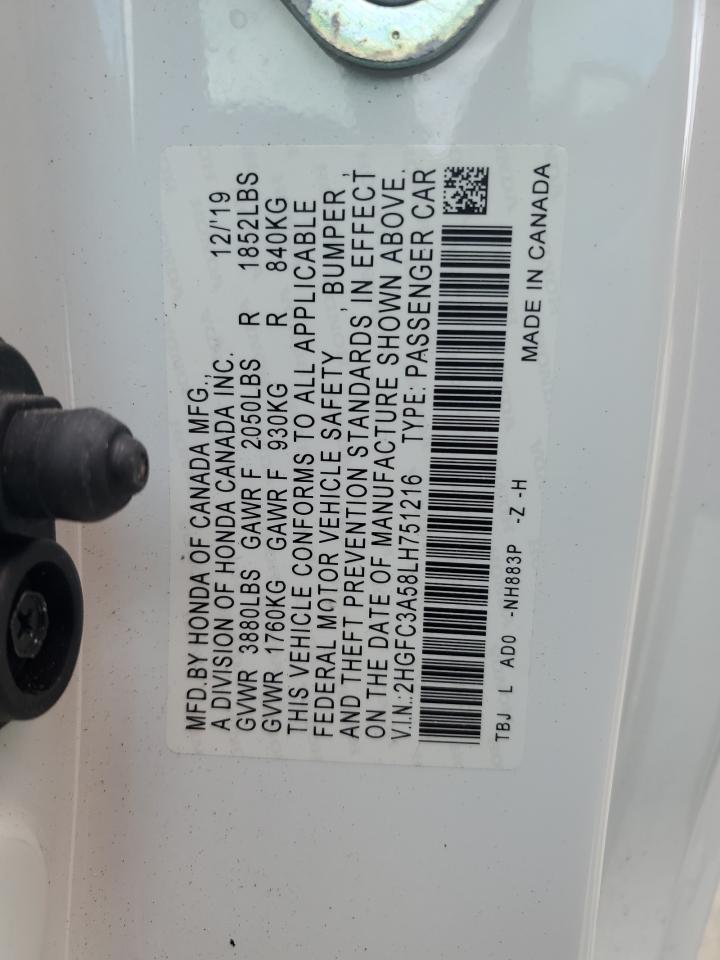 2020 Honda Civic VIN 2HGFC3A58LH751216 Copart auction photo, front end / minor dent/scratches damage thumbnail 12