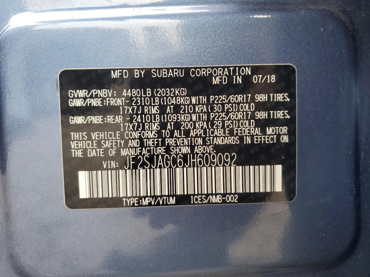 2018 Subaru Forester VIN JF2SJAGC6JH609092 Copart auction photo, front end damage thumbnail 14
