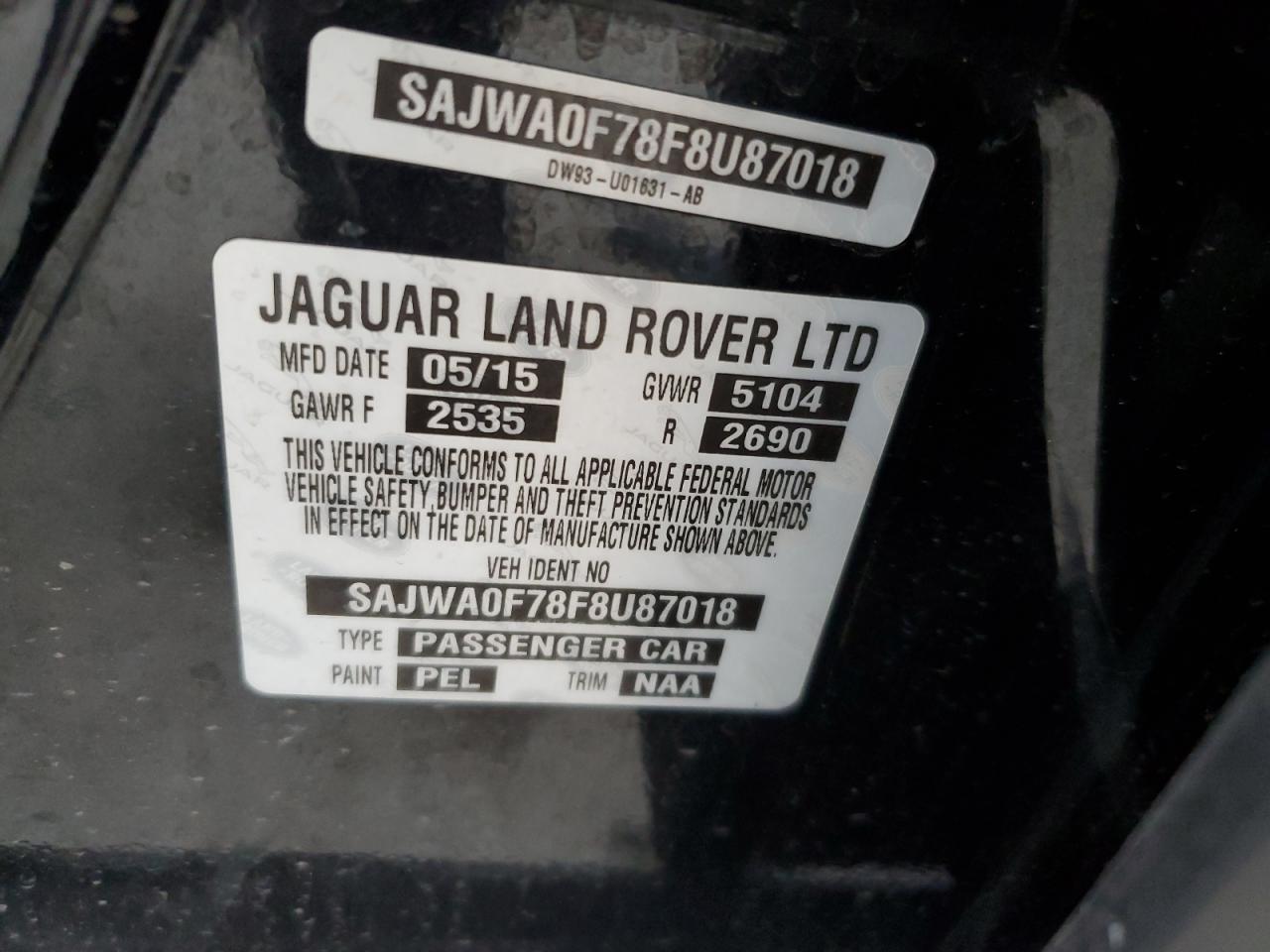 2015 Jaguar XF VIN SAJWA0F78F8U87018 Copart auction photo, side damage thumbnail 12