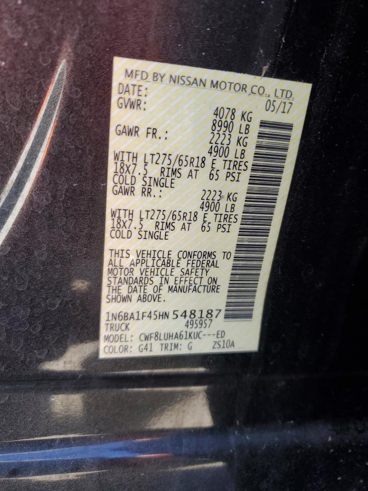 2017 Nissan Titan VIN 1N6BA1F45HN548187 Copart auction photo, rear end damage thumbnail 14
