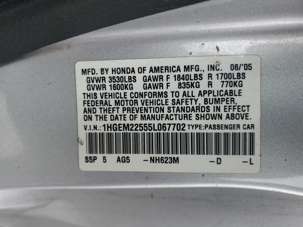 2005 Honda Civic VIN 1HGEM22555L067702 Copart auction photo, front end damage thumbnail 14