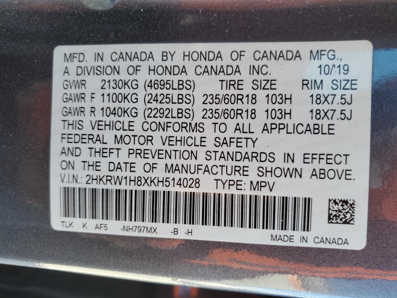 2019 Honda CR-V VIN 2HKRW1H8XKH514028 Copart auction photo, side / front end damage thumbnail 13