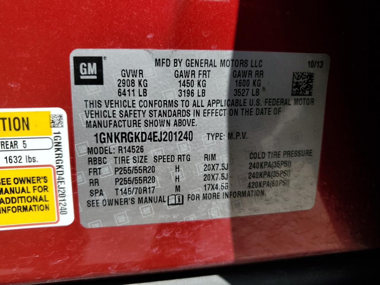 2014 Chevrolet Traverse VIN 1GNKRGKD4EJ201240 Copart auction photo, front end / side damage thumbnail 15