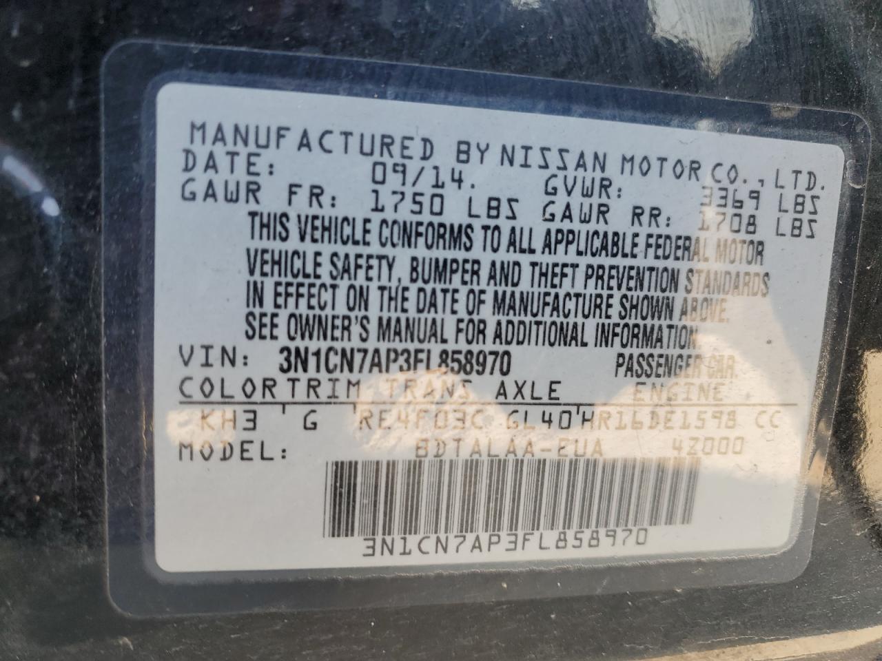 2015 Nissan Versa VIN 3N1CN7AP3FL858970 Copart auction photo, front end / side damage thumbnail 14
