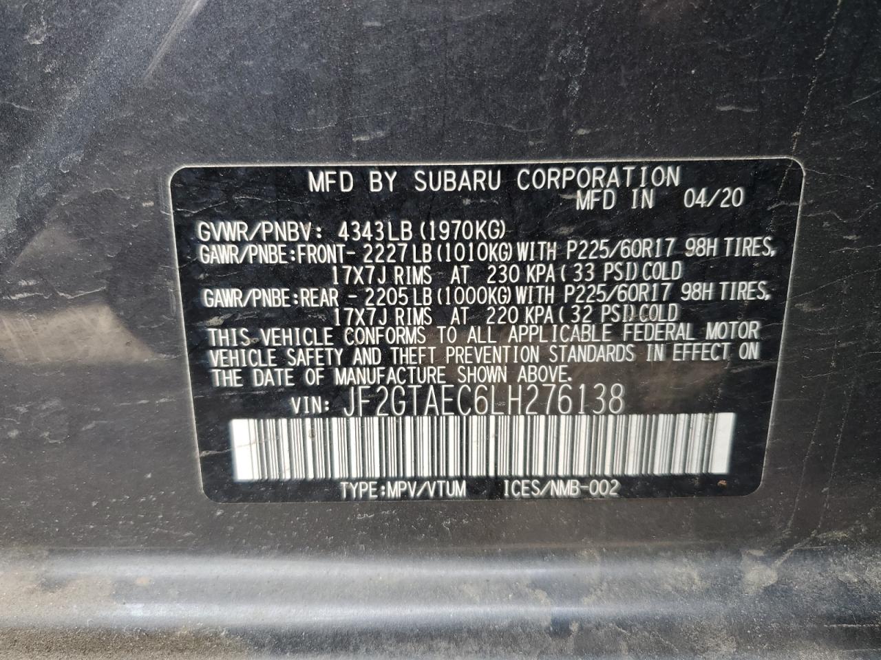 2020 Subaru XV VIN JF2GTAEC6LH276138 Copart auction photo, side / front end damage thumbnail 13