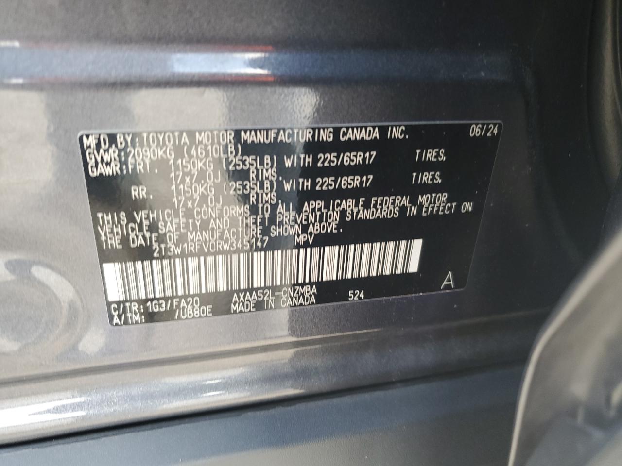2024 Toyota RAV 4 VIN 2T3W1RFV0RW345147 Copart auction photo, rollover / all over damage thumbnail 13