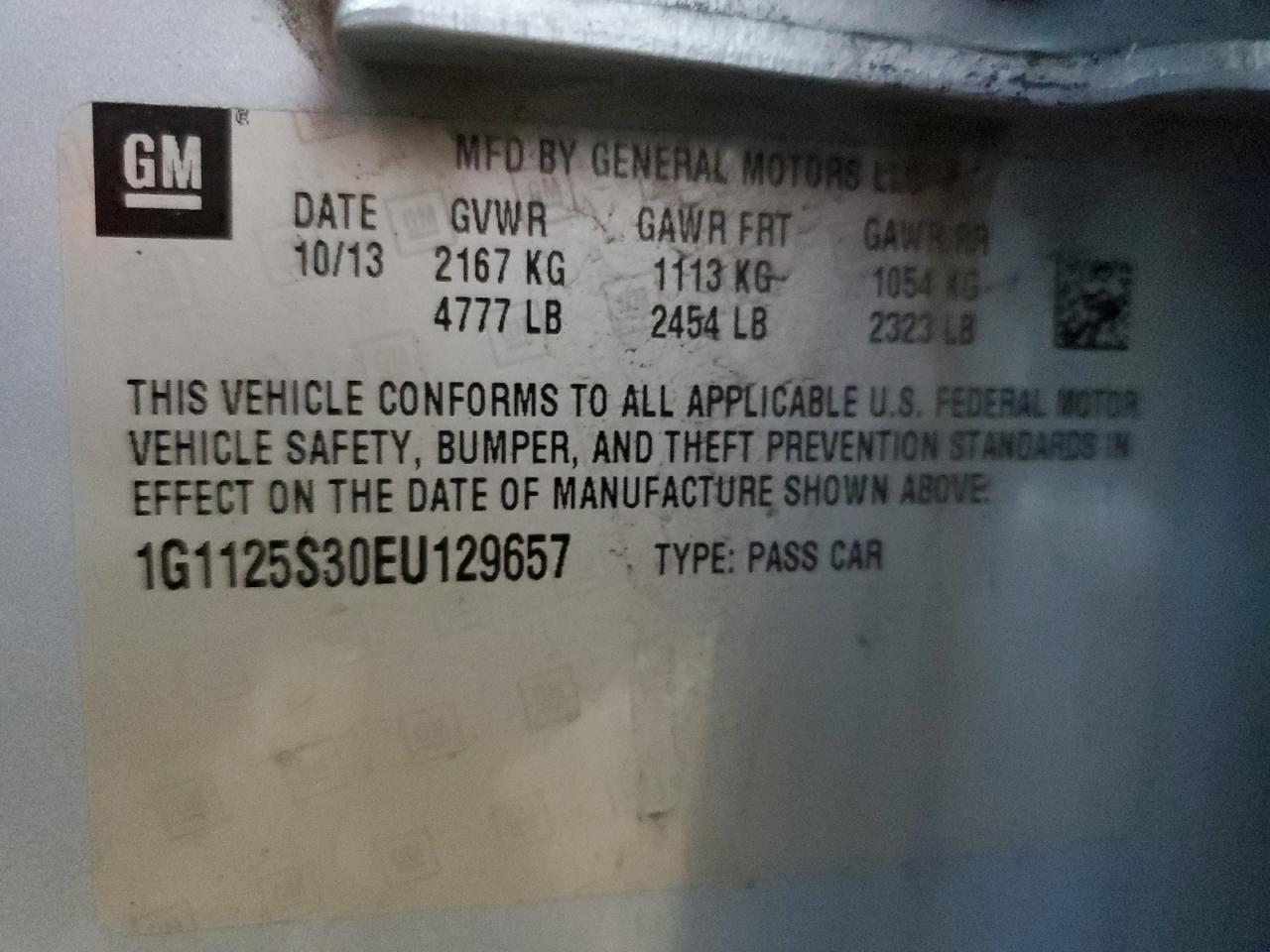 2014 Chevrolet Impala VIN 1G1125S30EU129657 Copart auction photo, front end damage thumbnail 12