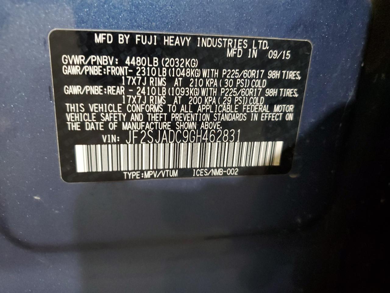 2016 Subaru Forester VIN JF2SJADC9GH462831 Copart auction photo, front end / side damage thumbnail 13