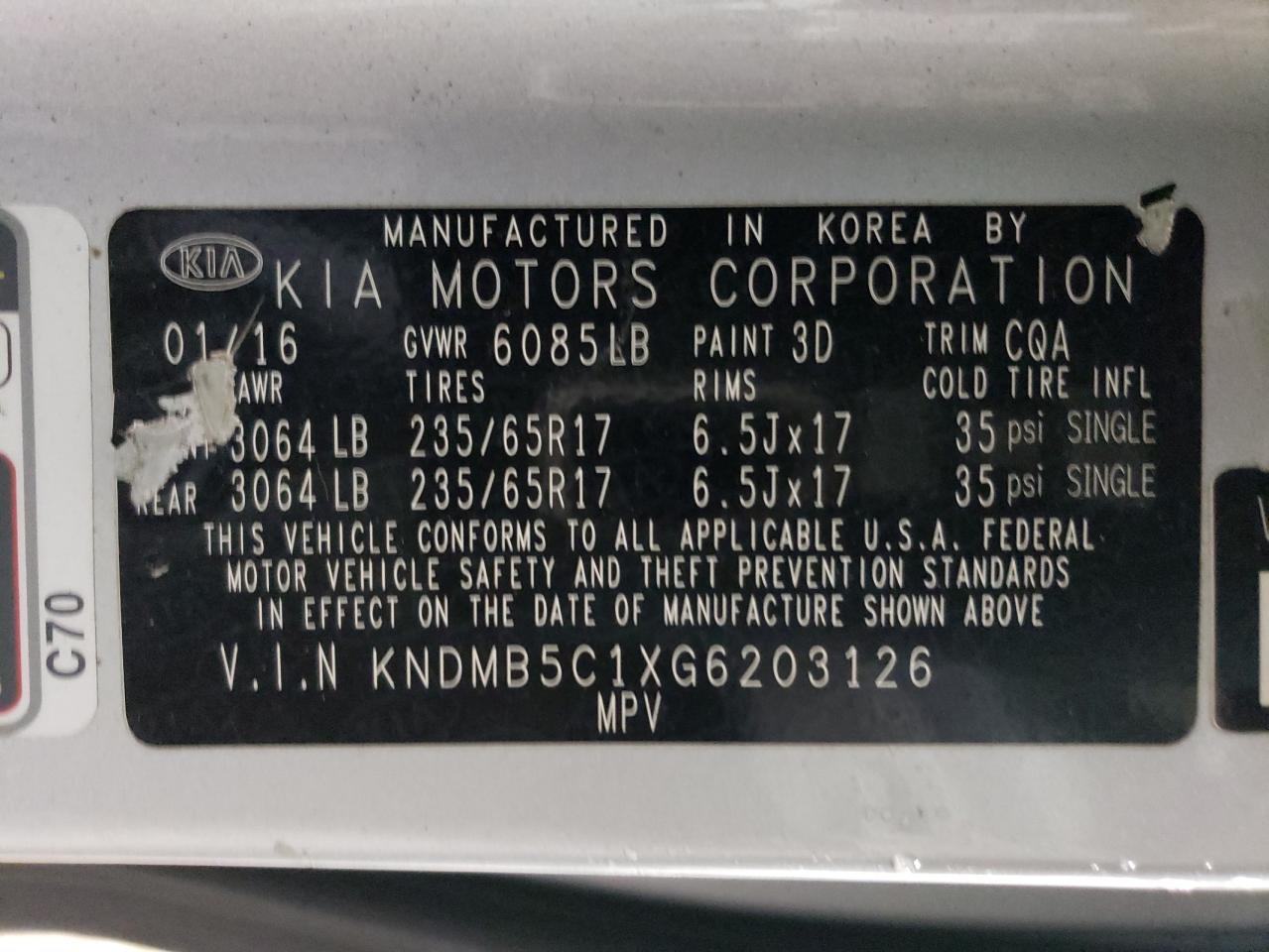 2016 KIA Sedona VIN KNDMB5C1XG6203126 Copart auction photo, vandalism / side damage thumbnail 13