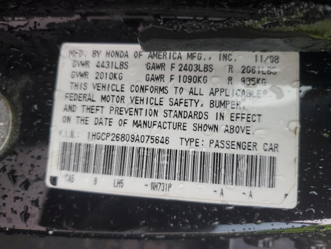 2009 Honda Accord VIN 1HGCP26809A075646 Copart auction photo, rear end damage thumbnail 12