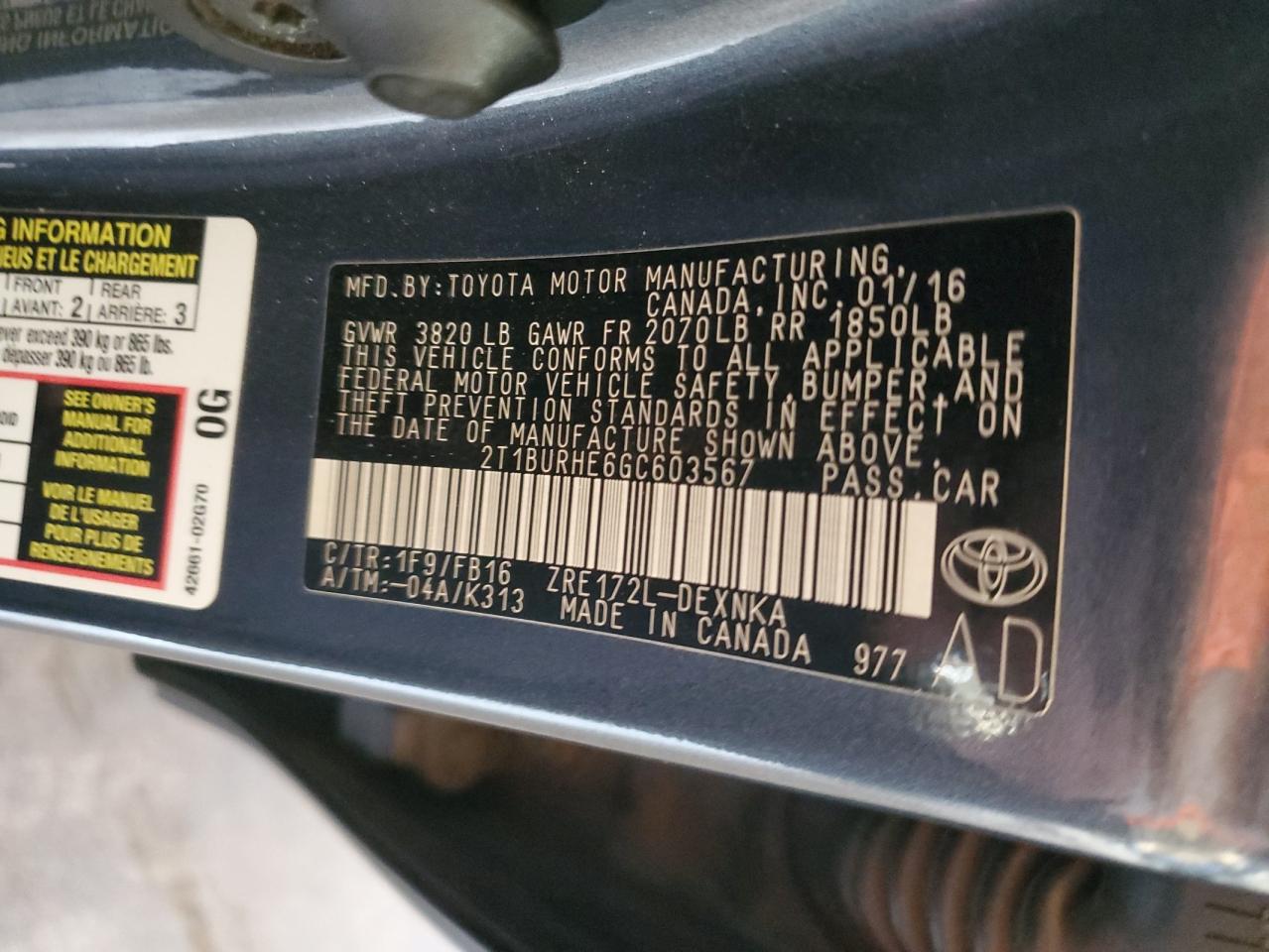2016 Toyota Corolla VIN 2T1BURHE6GC603567 Copart auction photo, rear end damage thumbnail 12