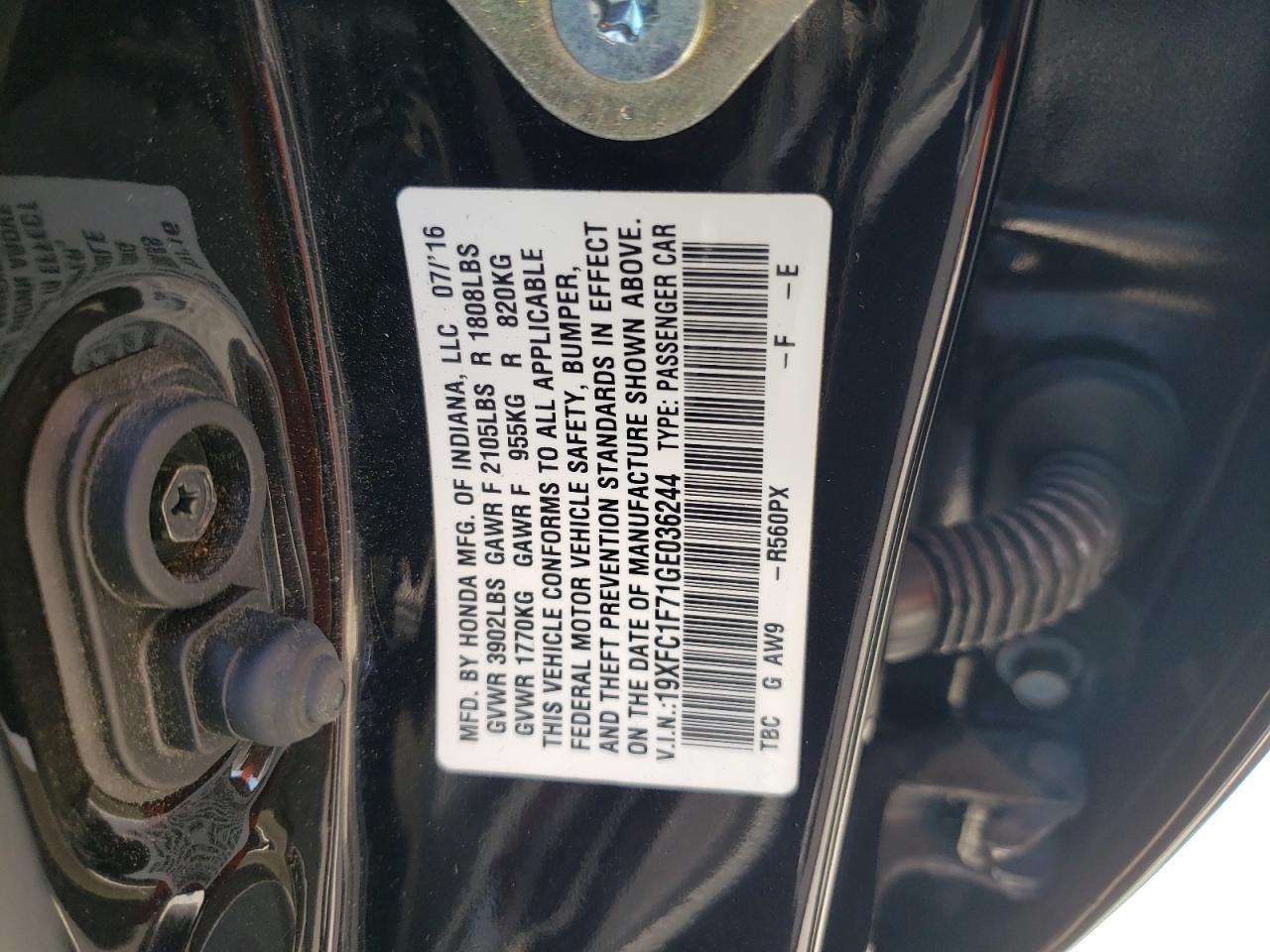 2016 Honda Civic VIN 19XFC1F71GE036244 Copart auction photo, side / minor dent/scratches damage thumbnail 13