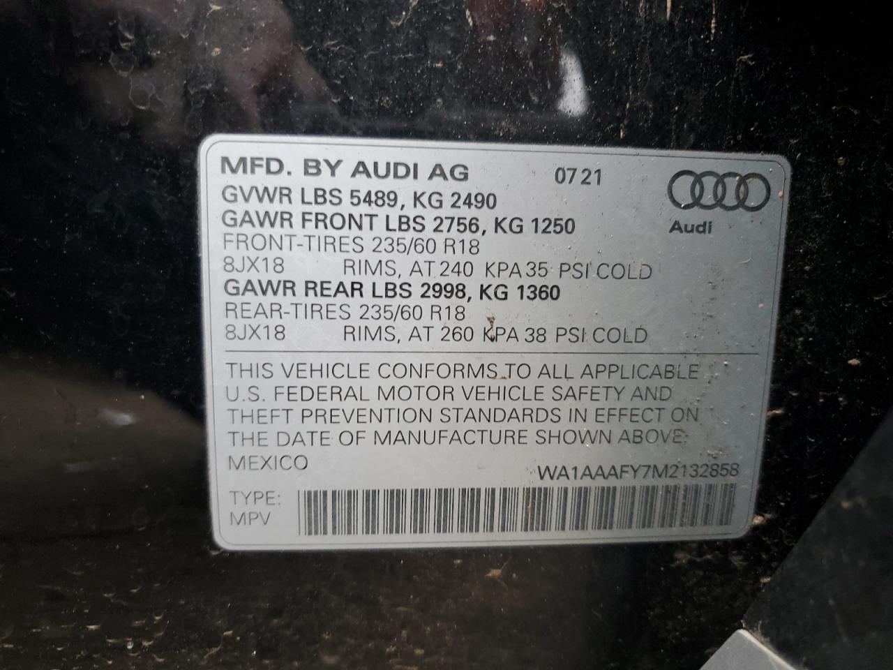 2021 Audi Q5 VIN WA1AAAFY7M2132858 Copart auction photo, vandalism / side damage thumbnail 13