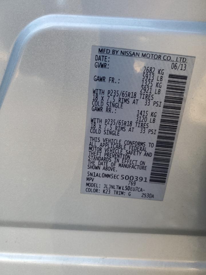 2014 Infiniti QX60 VIN 5N1AL0MM5EC500391 Copart auction photo, front end damage thumbnail 14