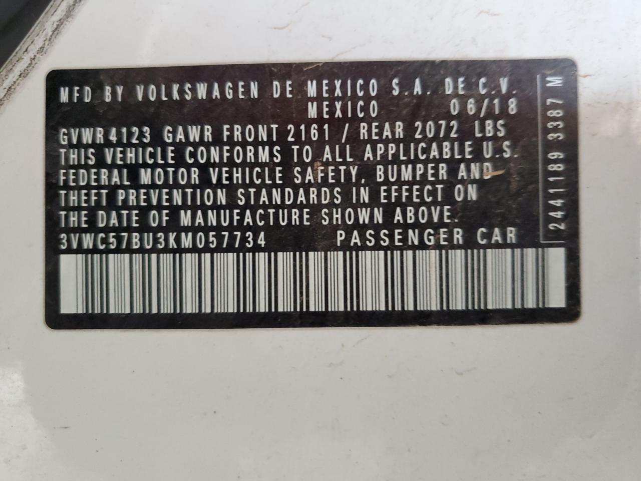 2019 Volkswagen Jetta VIN 3VWC57BU3KM057734 Copart auction photo, front end damage thumbnail 12