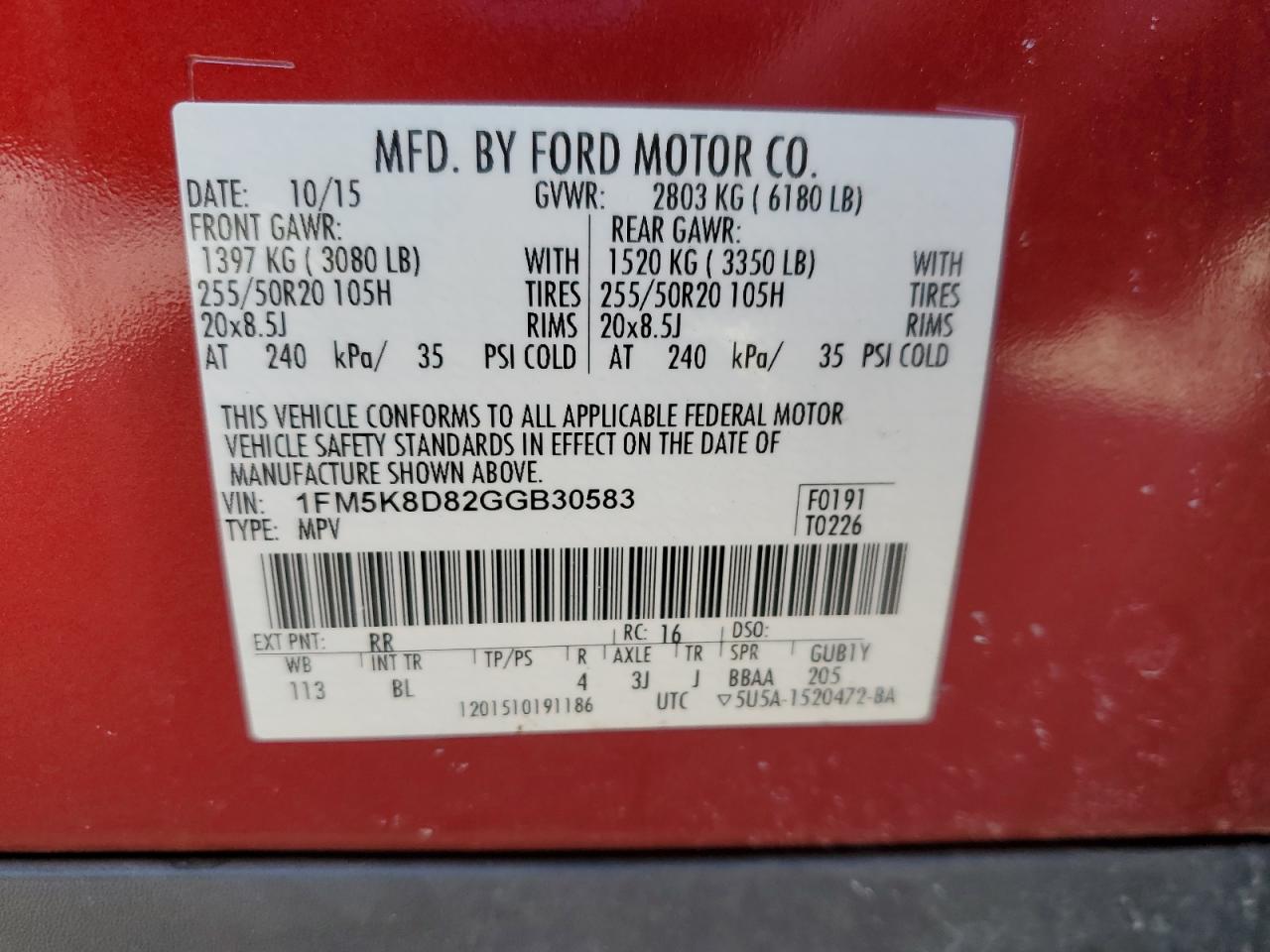 2016 Ford Explorer VIN 1FM5K8D82GGB30583 Copart auction photo, front end / undercarriage damage thumbnail 13