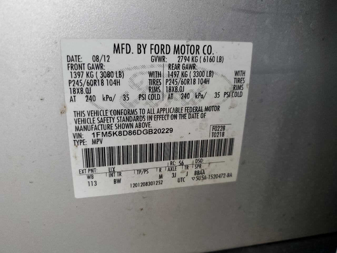 2013 Ford Explorer VIN 1FM5K8D86DGB20229 Copart auction photo, all over damage thumbnail 15