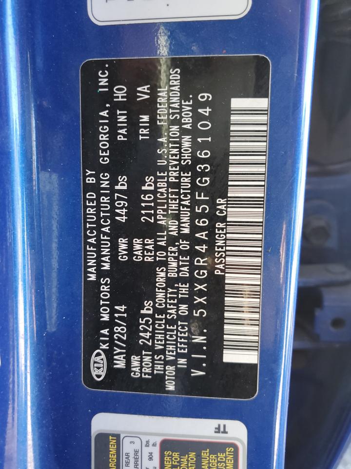 2015 KIA Optima VIN 5XXGR4A65FG361049 Copart auction photo, front end damage thumbnail 15