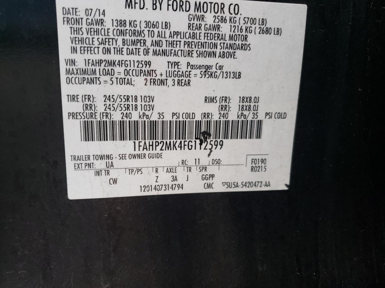 2015 Ford Taurus VIN 1FAHP2MK4FG112599 Copart auction photo, front end / minor dent/scratches damage thumbnail 12