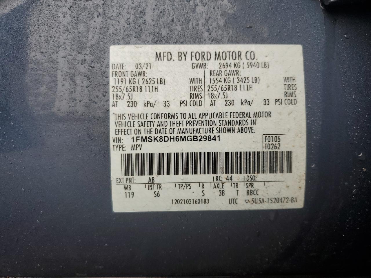 2021 Ford Explorer VIN 1FMSK8DH6MGB29841 Copart auction photo, front end / minor dent/scratches damage thumbnail 13