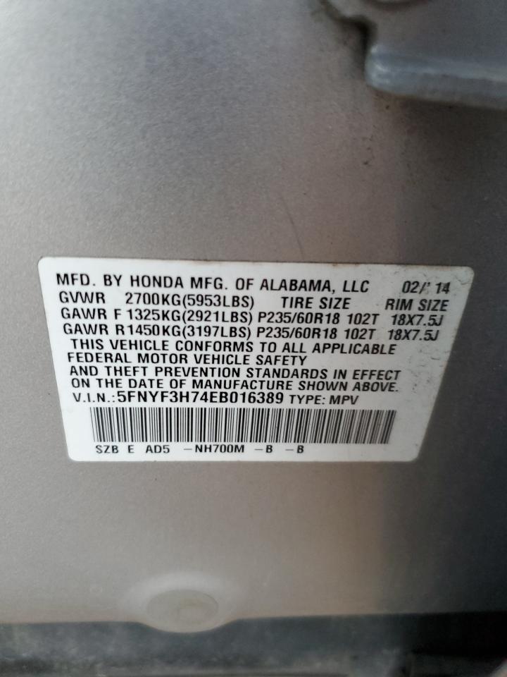 2014 Honda Pilot VIN 5FNYF3H74EB016389 Copart auction photo, rear end damage thumbnail 13