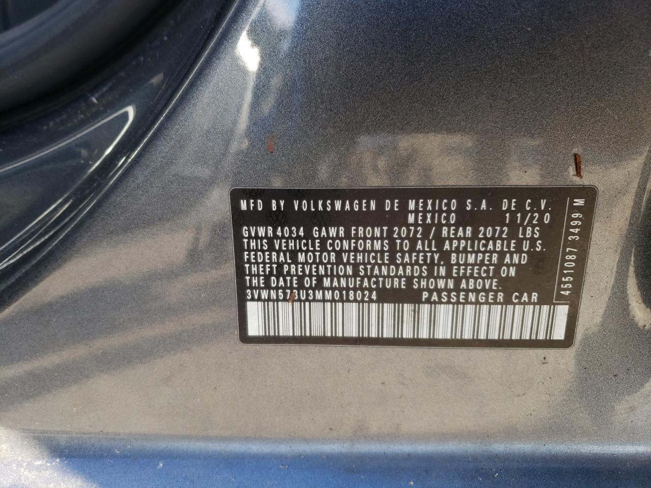 2021 Volkswagen Jetta VIN 3VWN57BU3MM018024 Copart auction photo, front end / side damage thumbnail 14