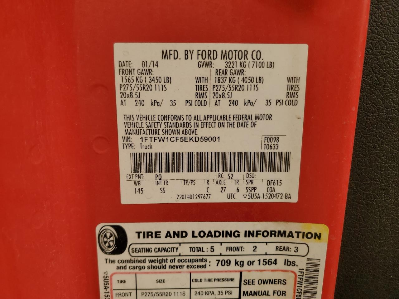 2014 Ford F-150 VIN 1FTFW1CF5EKD59001 Copart auction photo, front end damage thumbnail 12